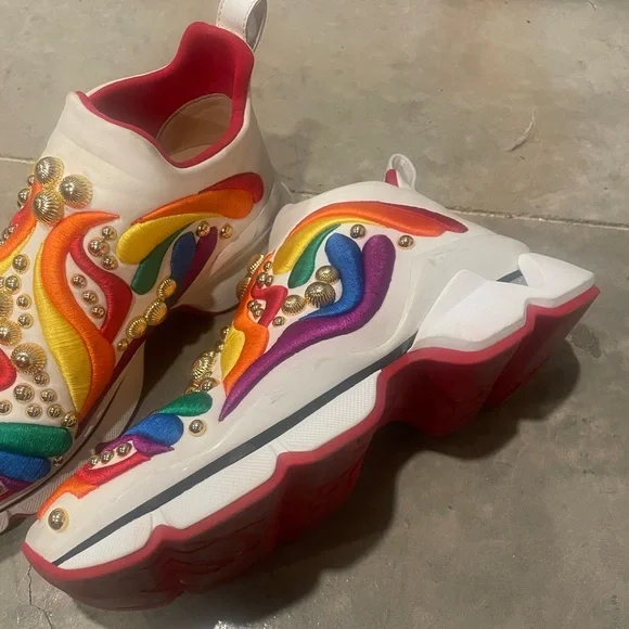 Christian Louboutin White Slip-On Sneakers with Rainbow Embroidery & Gold Studs - Picture 4 of 5